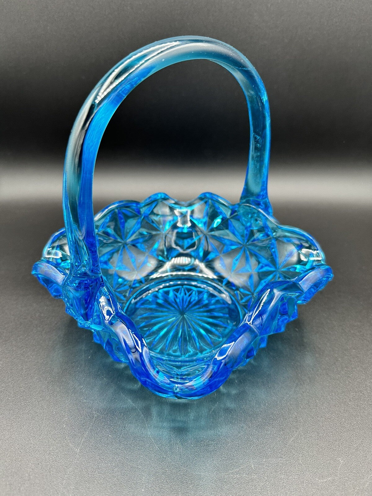 Basket Blue With Handle 7" Indiana Glass Monticello Vintage