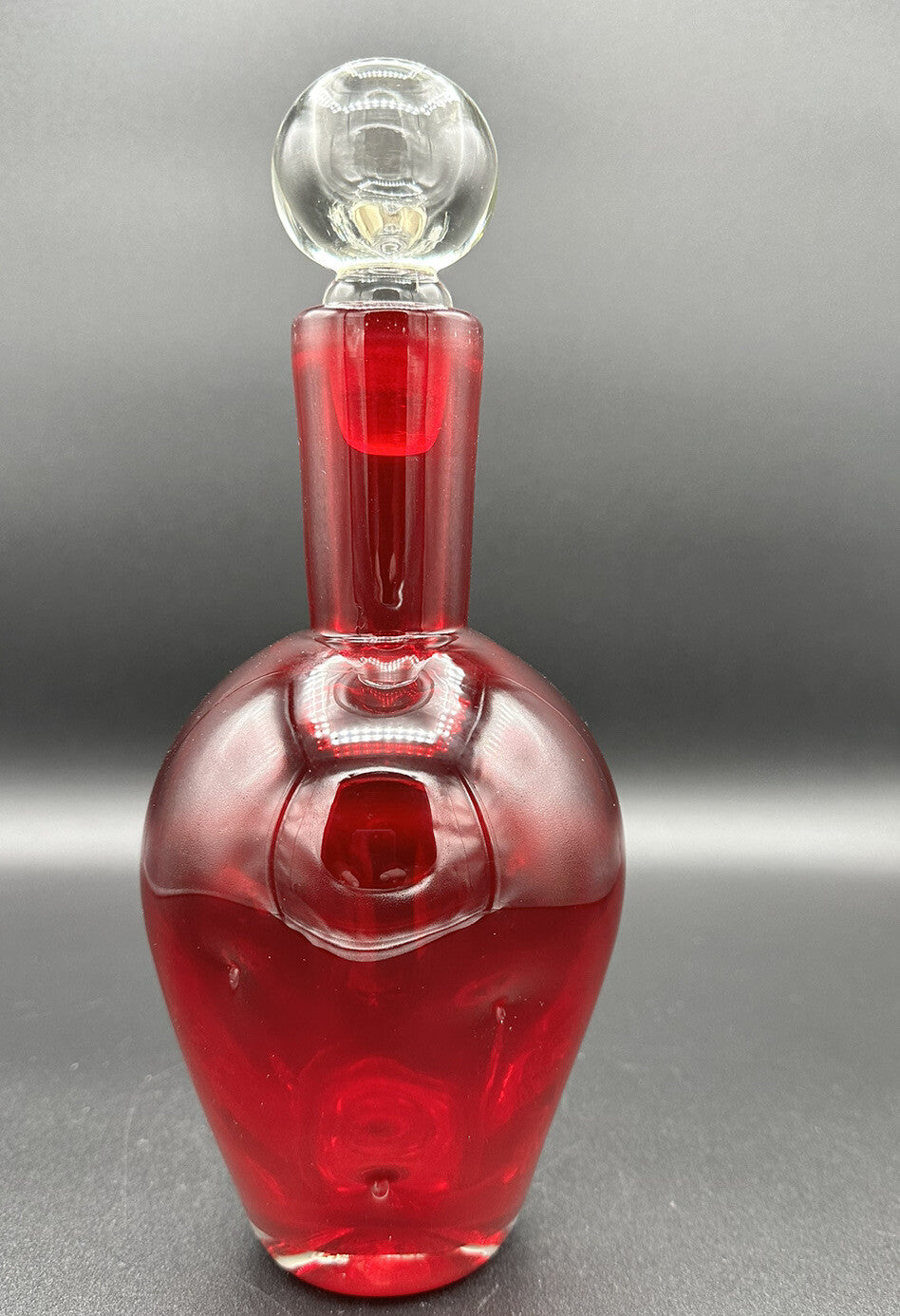 Decanter w/ Clear Round Stopper 10”BISCHOFF Glass Red Pinched Vintage