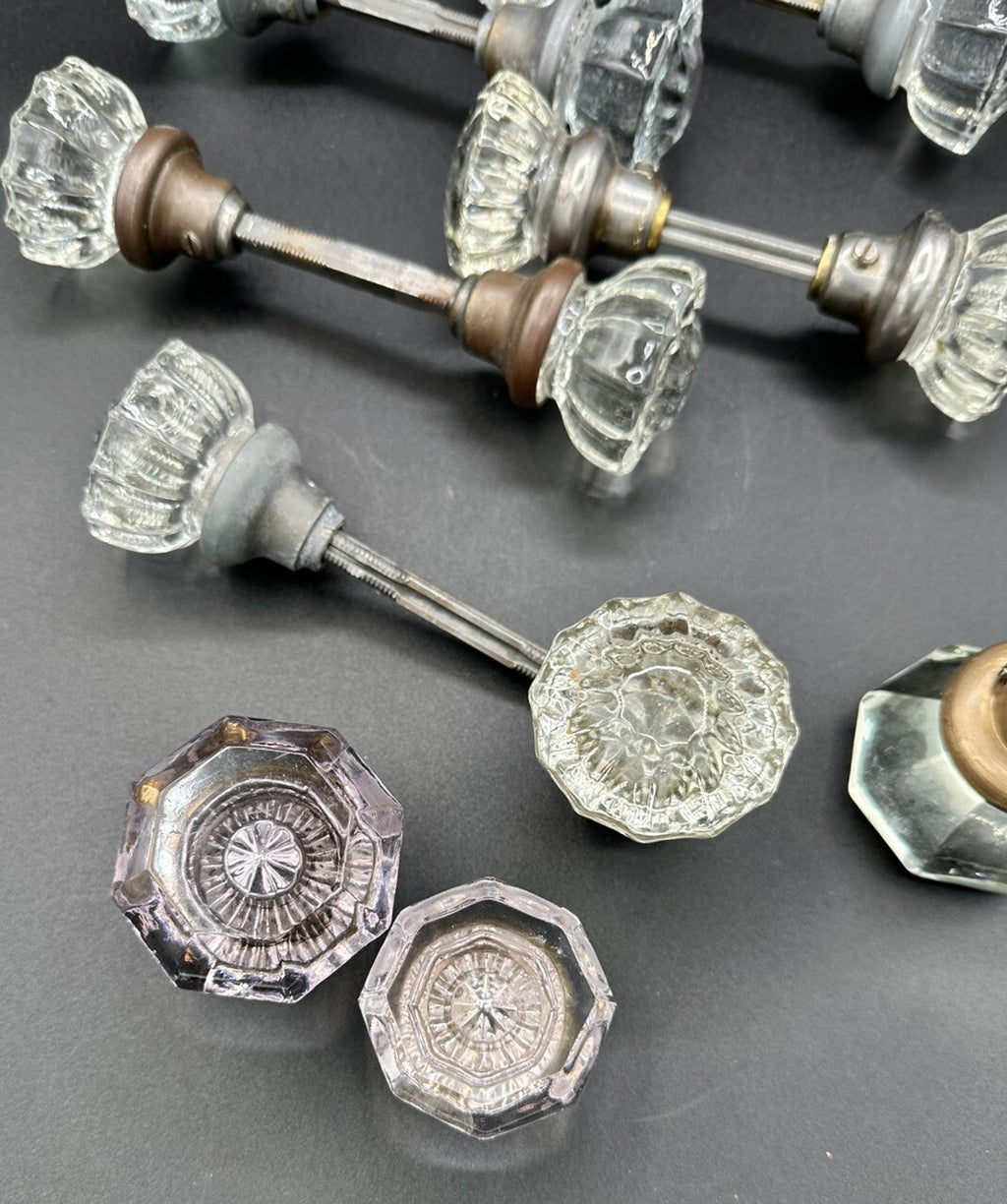Antique Door Knobs Brass Collar & Spindles Hardware 7 Sets Glass 12 pt