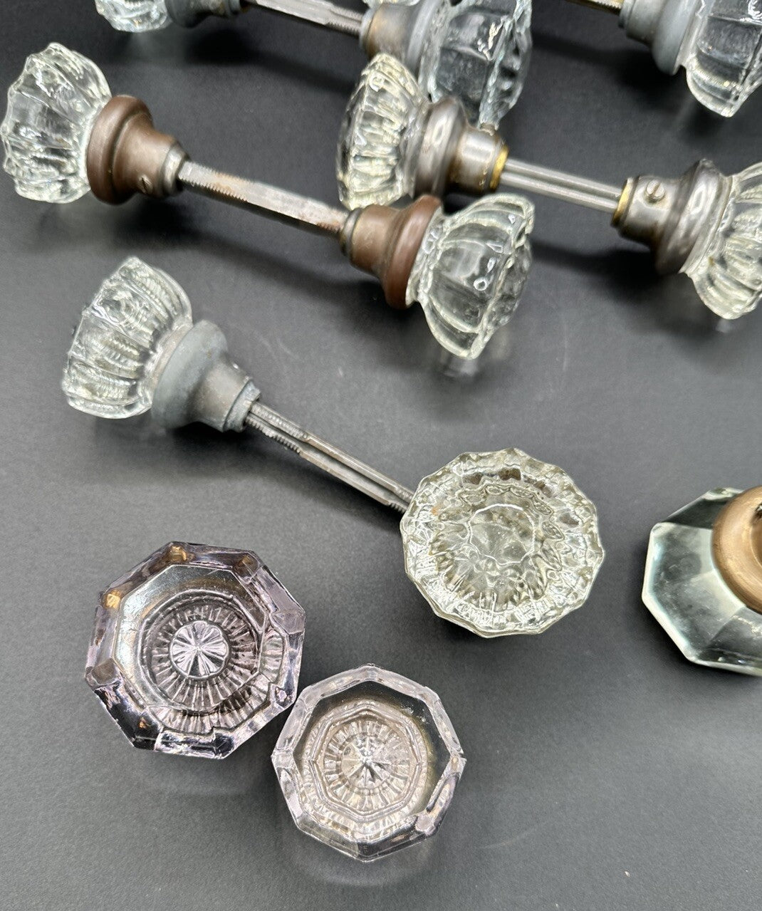 Antique Door Knobs Brass Collar & Spindles Hardware 7 Sets Glass 12 pt