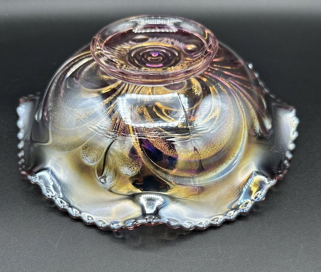Bowl Iridescence Sawtooth Pearl Imperial Art Glass Scroll Pink Ruffled Vintage