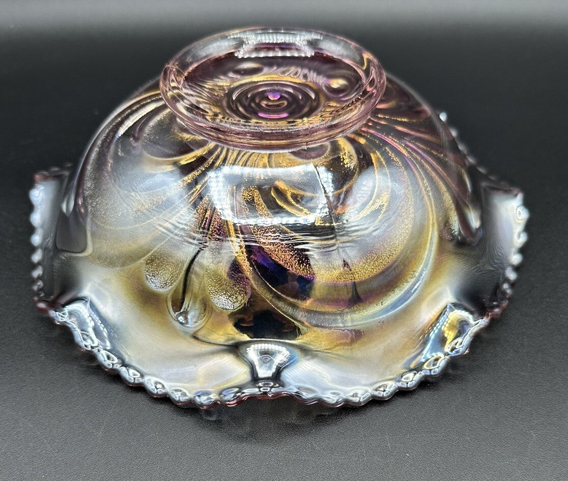 Bowl Iridescence Sawtooth Pearl Imperial Art Glass Scroll Pink Ruffled Vintage