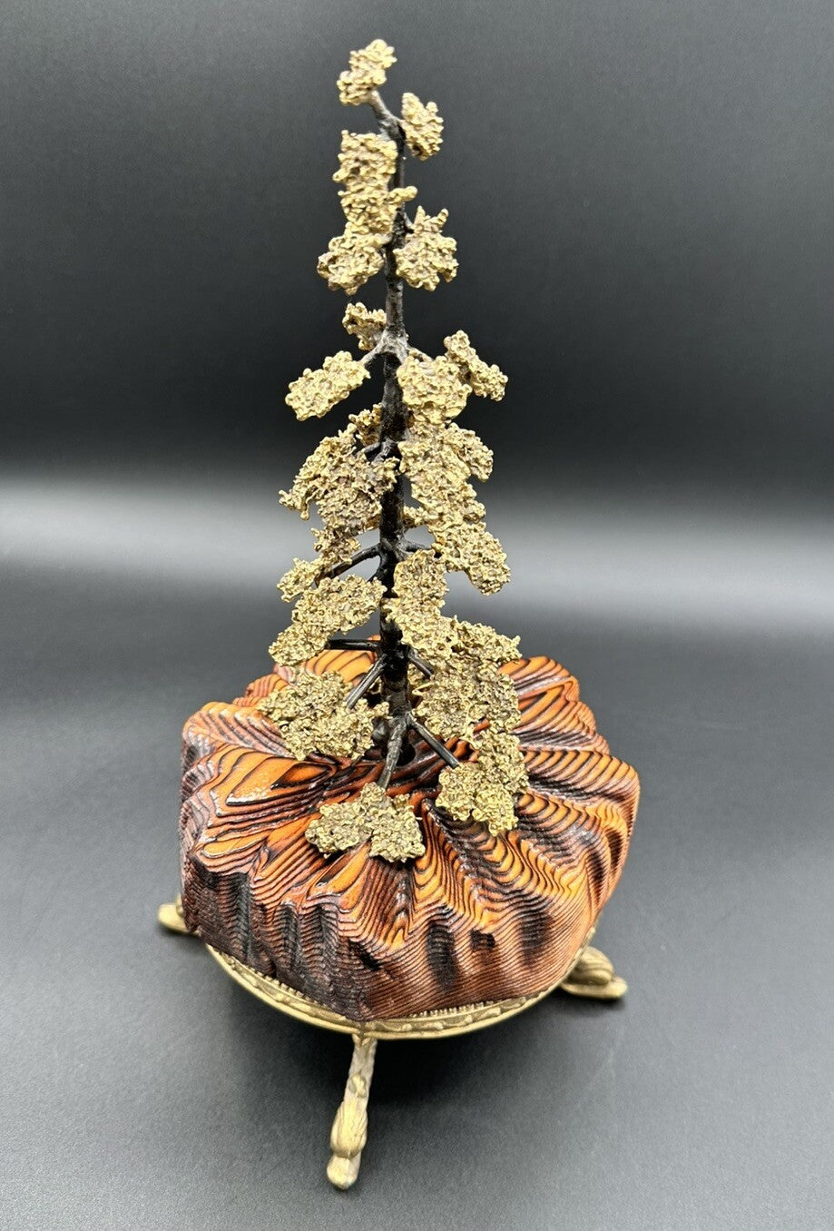 Bonsai Fur Tree Wood Base  10.75”Tall Handmade Hand Painted Bronze Vtg
