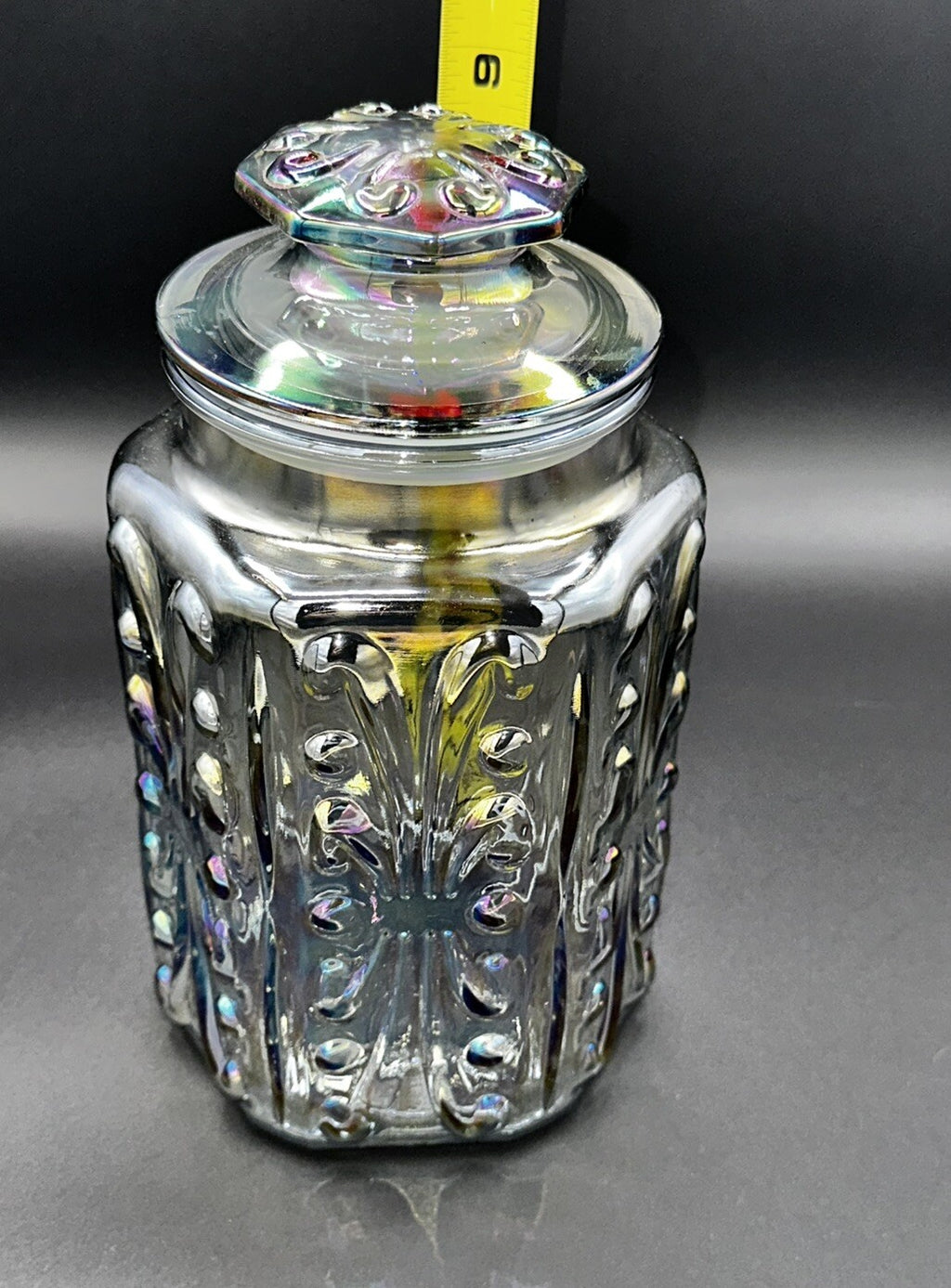Cookie Jar Canister Carnival Glass Purple Iridescent Embossed Rainbow Vintage