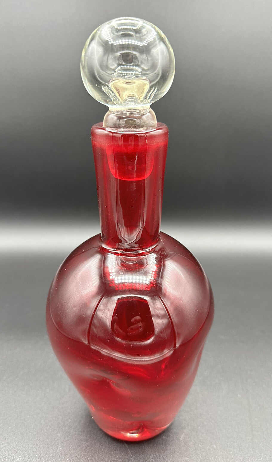 Decanter w/ Clear Round Stopper 10”BISCHOFF Glass Red Pinched Vintage