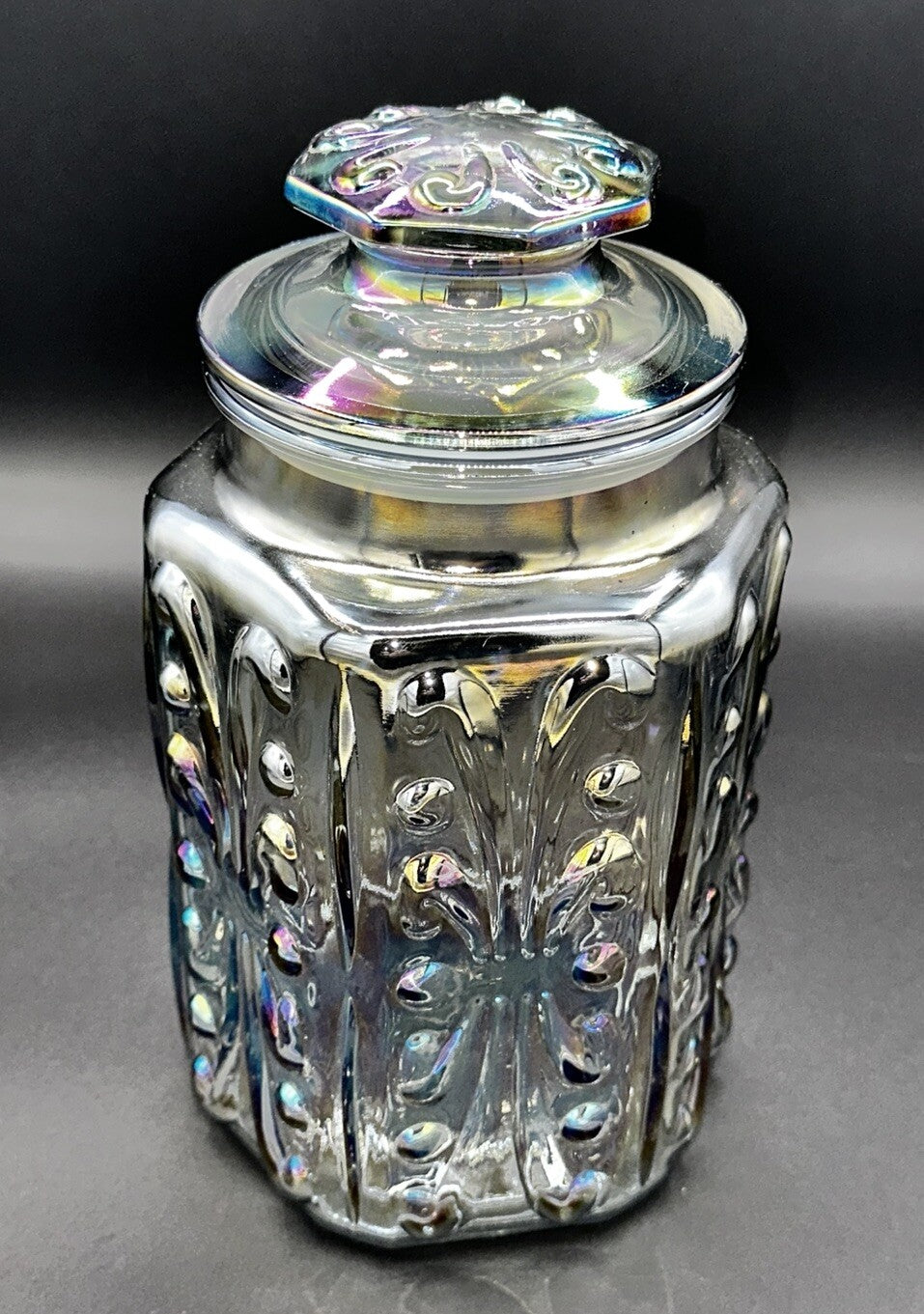 Cookie Jar Canister Carnival Glass Purple Iridescent Embossed Rainbow Vintage