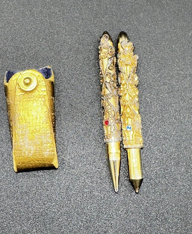 Antique Mini Pen & Pencil Set w Pouch Gold Gilt Filigree Red & Blue Rhinestone