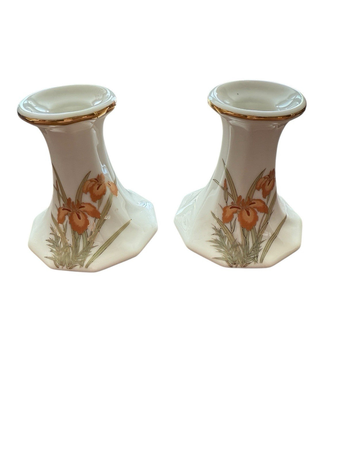 Candle Holders Ivory Peach Japan Porcelain Fine China Iris 1950's Vintage