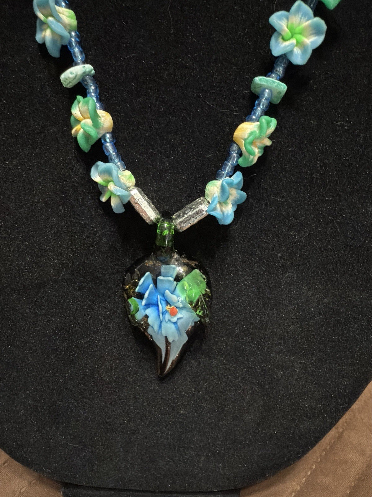 Blue Green Art Glass Pendant Beaded Floral Necklace