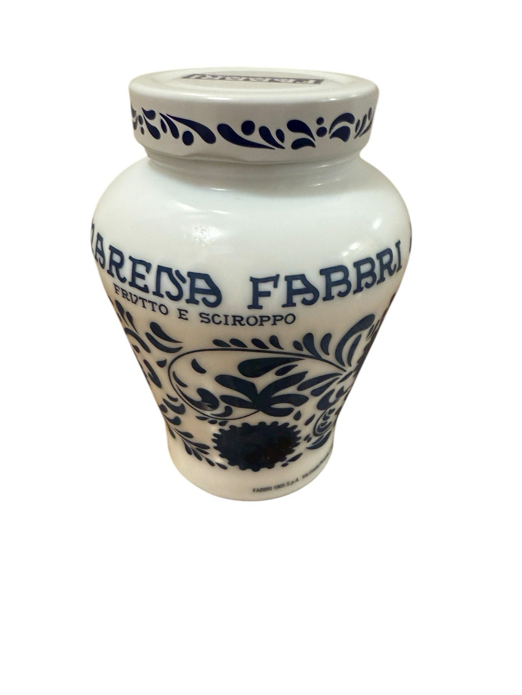 Amarena Fabbri Milk Glass Jar "Empty" Cherries Blue White Floral 5.25" H Italy
