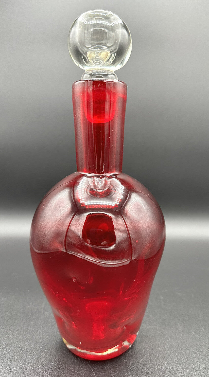 Decanter w/ Clear Round Stopper 10”BISCHOFF Glass Red Pinched Vintage