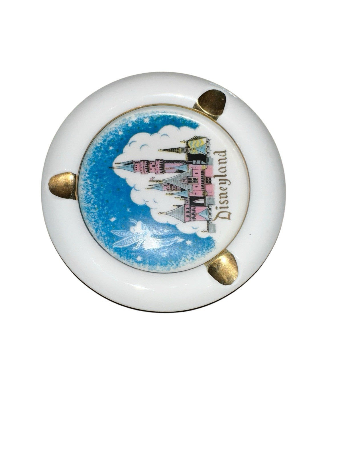 Ashtray Tinkerbell Gold Pink Aqua Colors Ceramic 5" Disneyland Castle Vtg