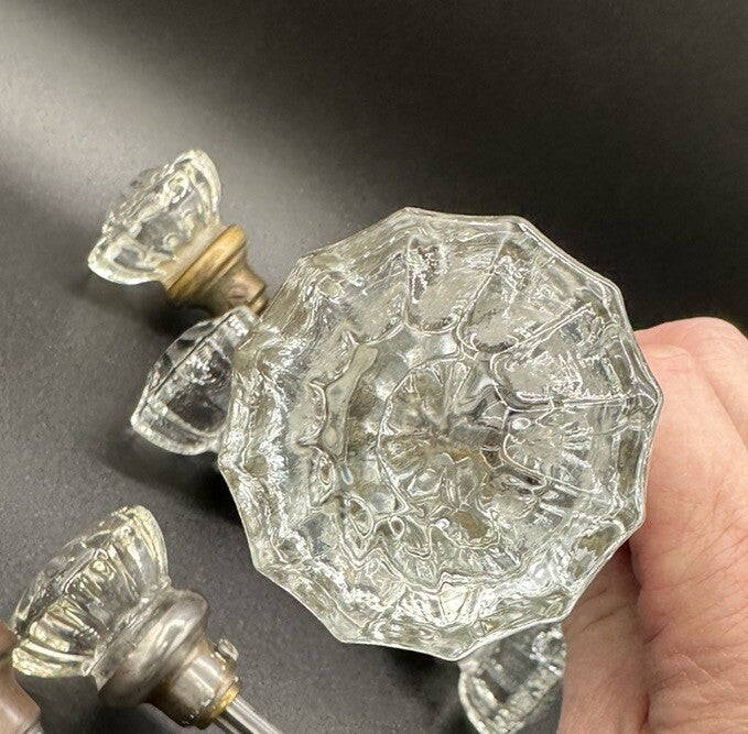 Antique Door Knobs Brass Collar & Spindles Hardware 7 Sets Glass 12 pt