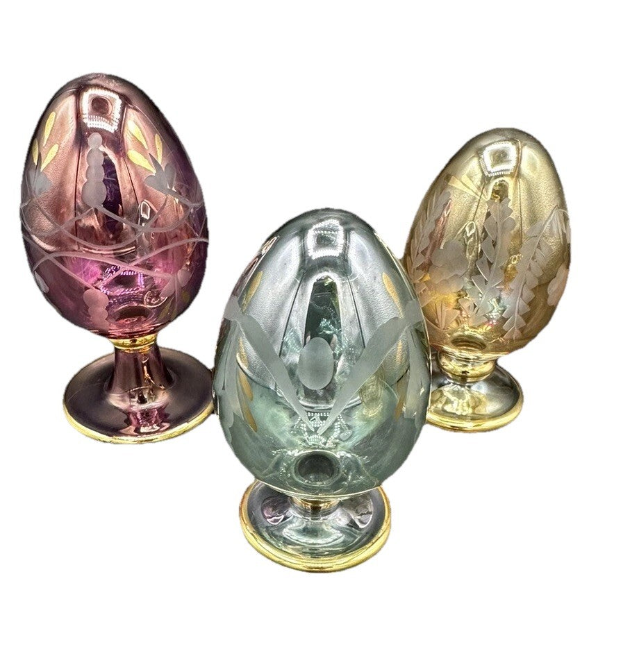 Eggs (3) Green, Gold, Purple Egypt Handcrafted Royal Limited Crystal Etched
