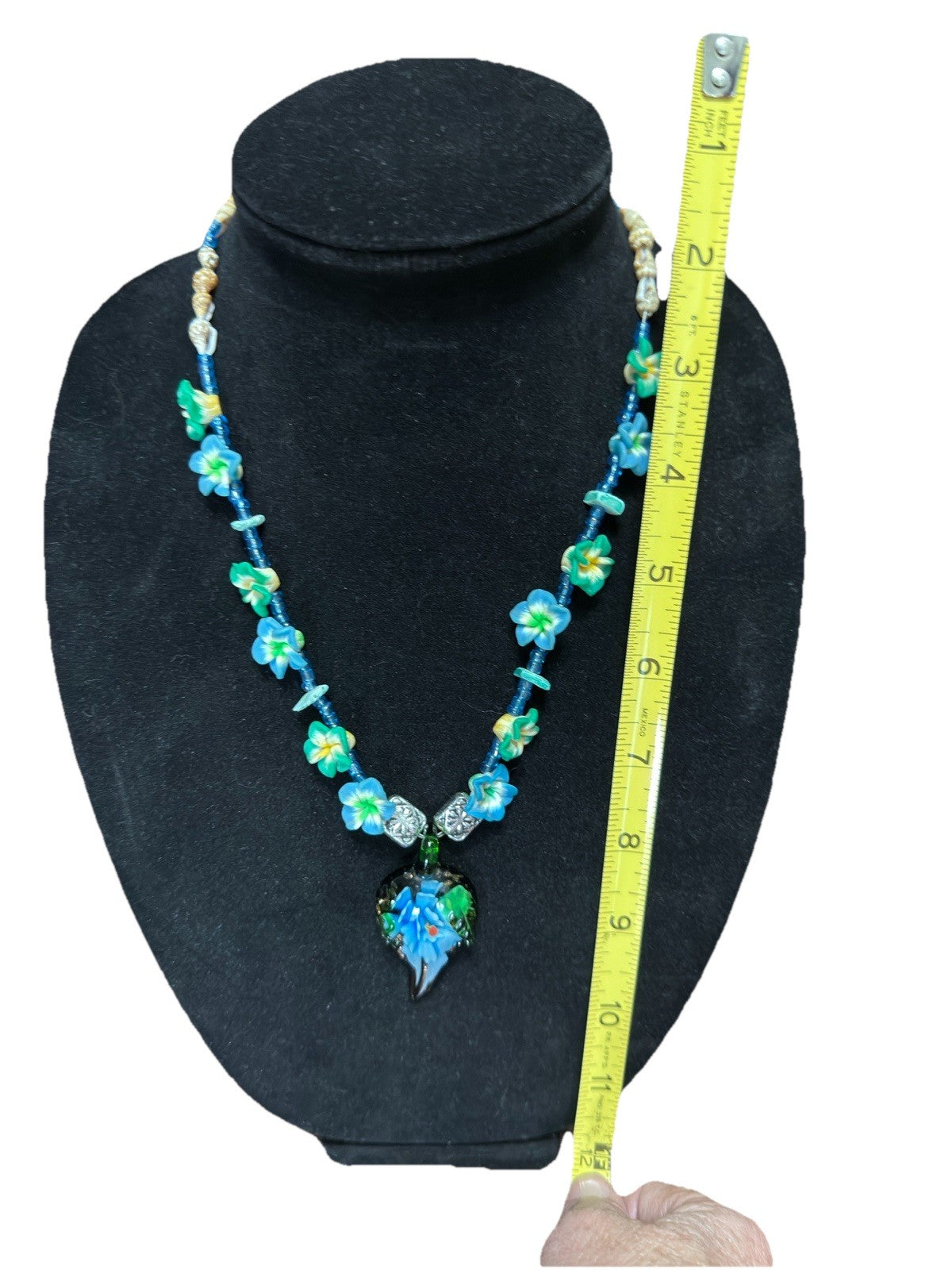 Blue Green Art Glass Pendant Beaded Floral Necklace