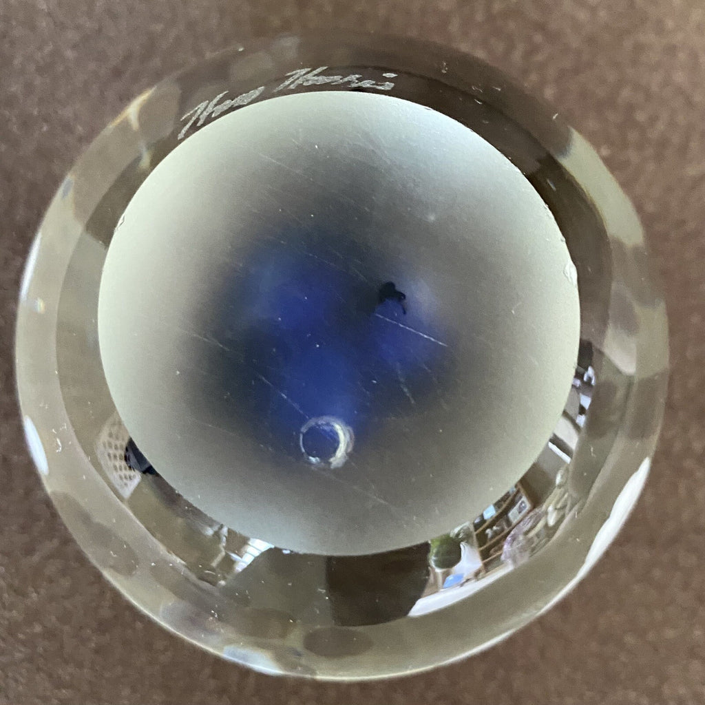 Art Glass Paperweight Cobalt Blue 3" Diam 2 5/8” Tall Signed Harv Harris Studio