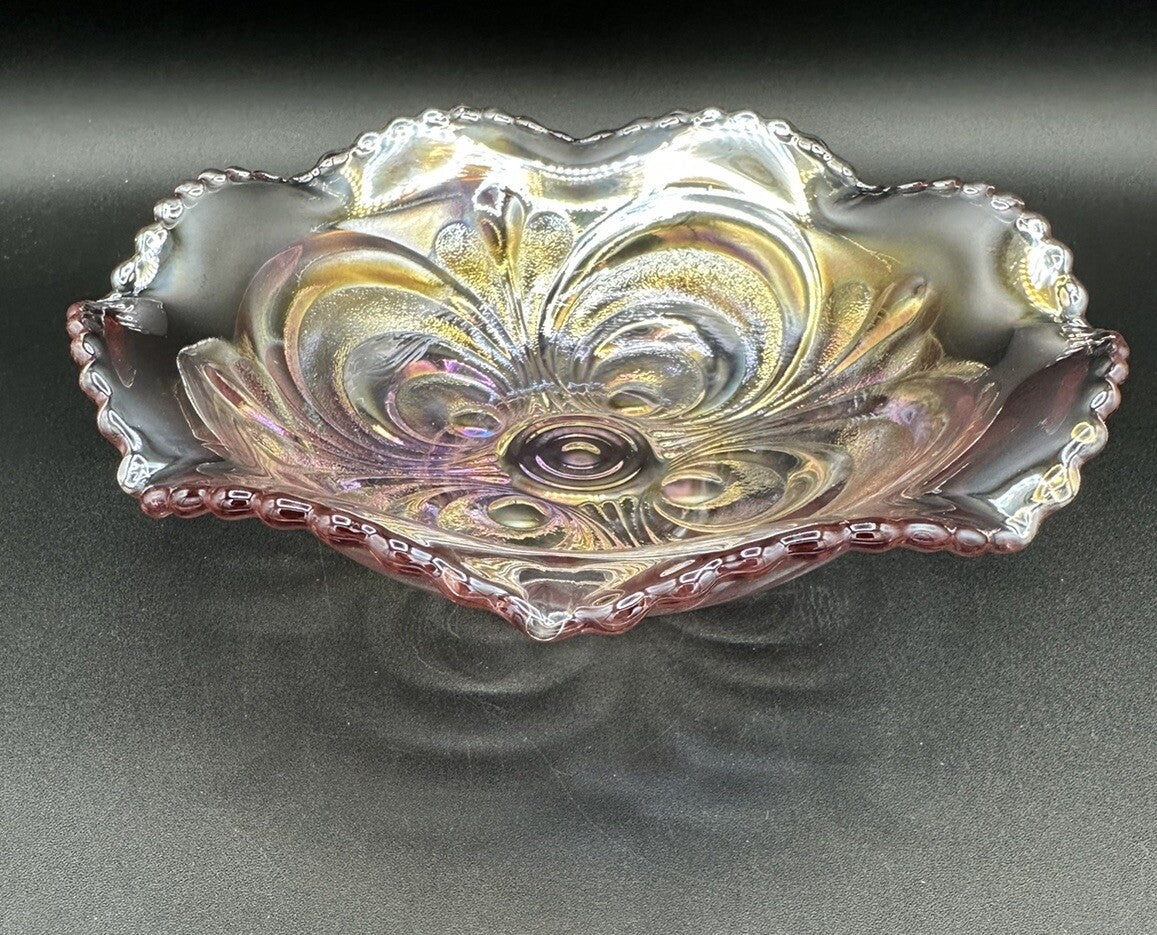 Bowl Iridescence Sawtooth Pearl Imperial Art Glass Scroll Pink Ruffled Vintage