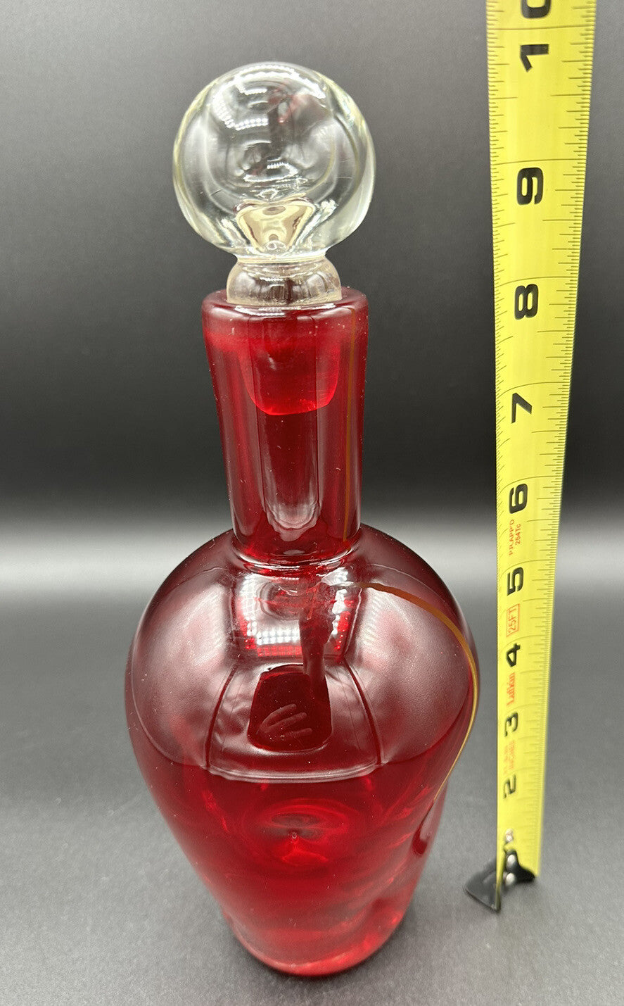 Decanter w/ Clear Round Stopper 10”BISCHOFF Glass Red Pinched Vintage