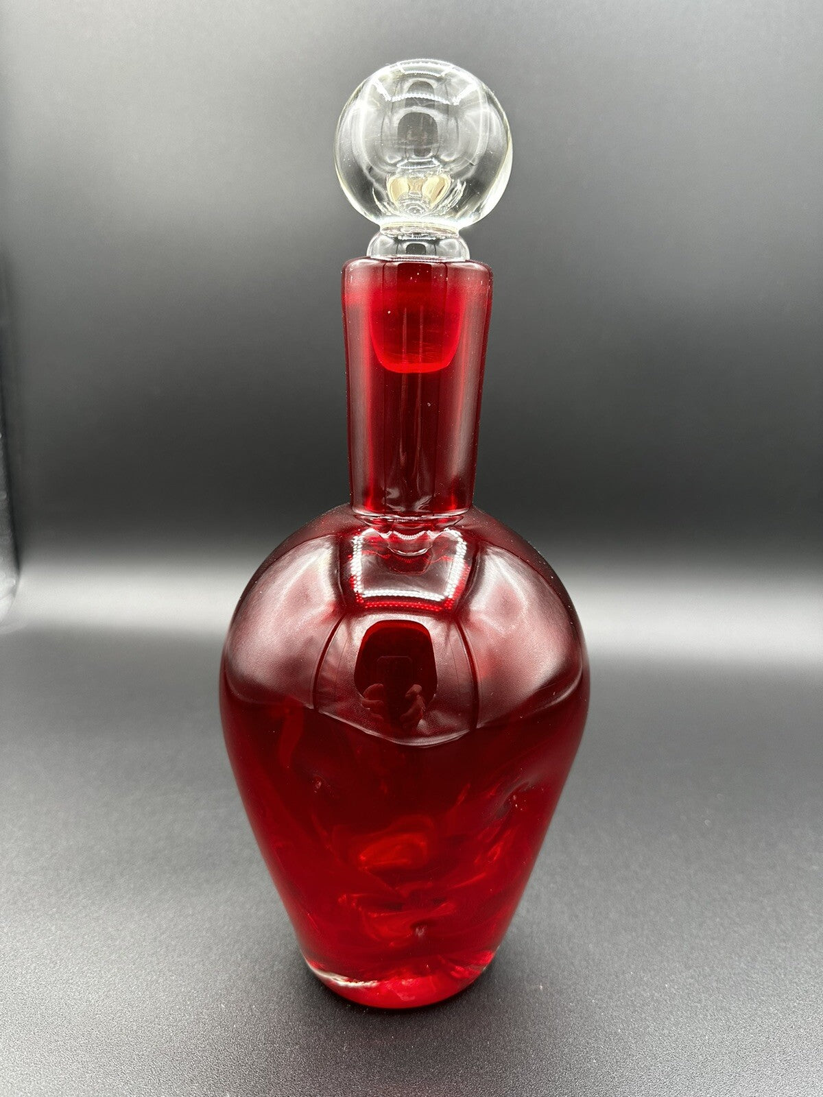 Decanter w/ Clear Round Stopper 10”BISCHOFF Glass Red Pinched Vintage