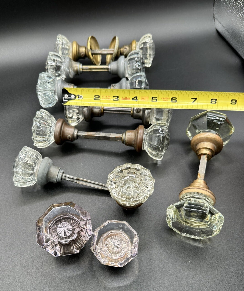 Antique Door Knobs Brass Collar & Spindles Hardware 7 Sets Glass 12 pt