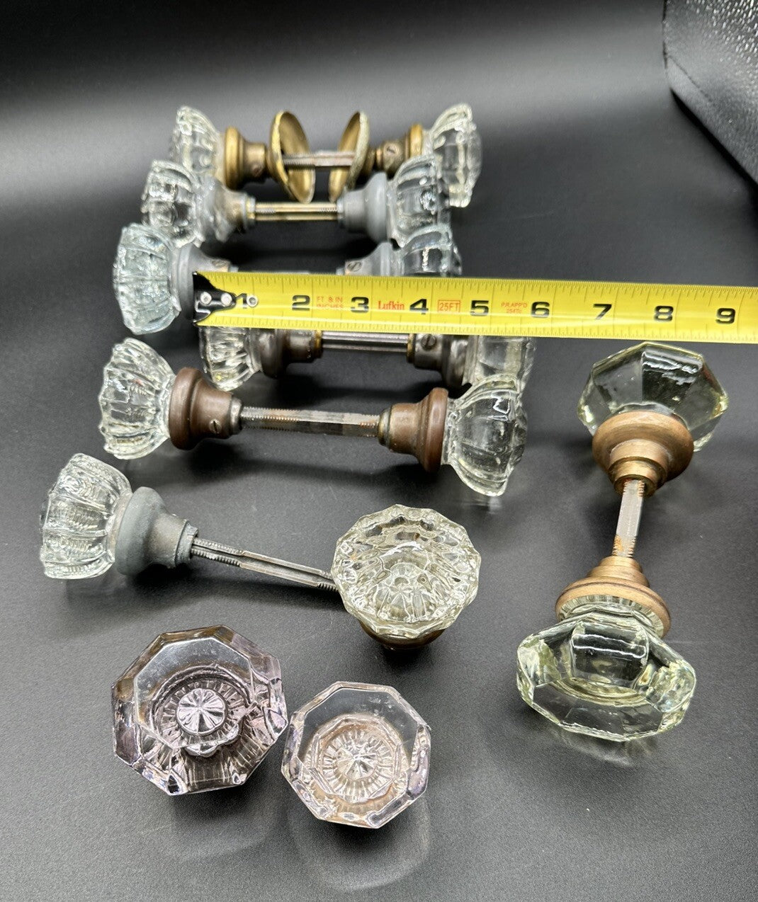 Antique Door Knobs Brass Collar & Spindles Hardware 7 Sets Glass 12 pt