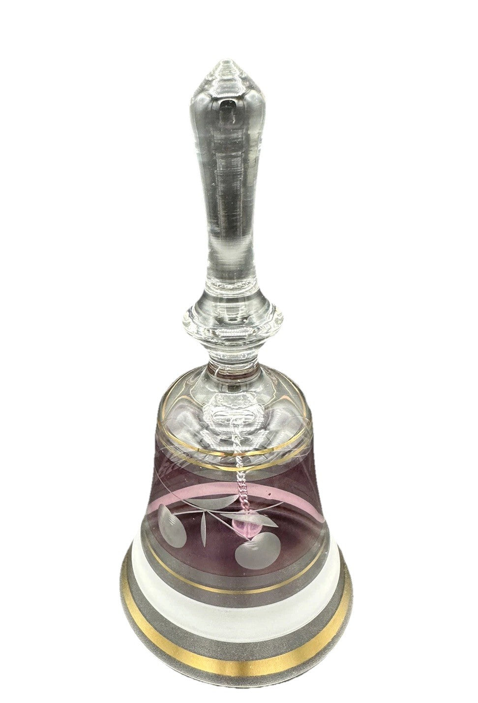 Bell Clear Glass Hand Mauve Middle Leaf Cherries Gold Trim 6.5" x 3" Vintage