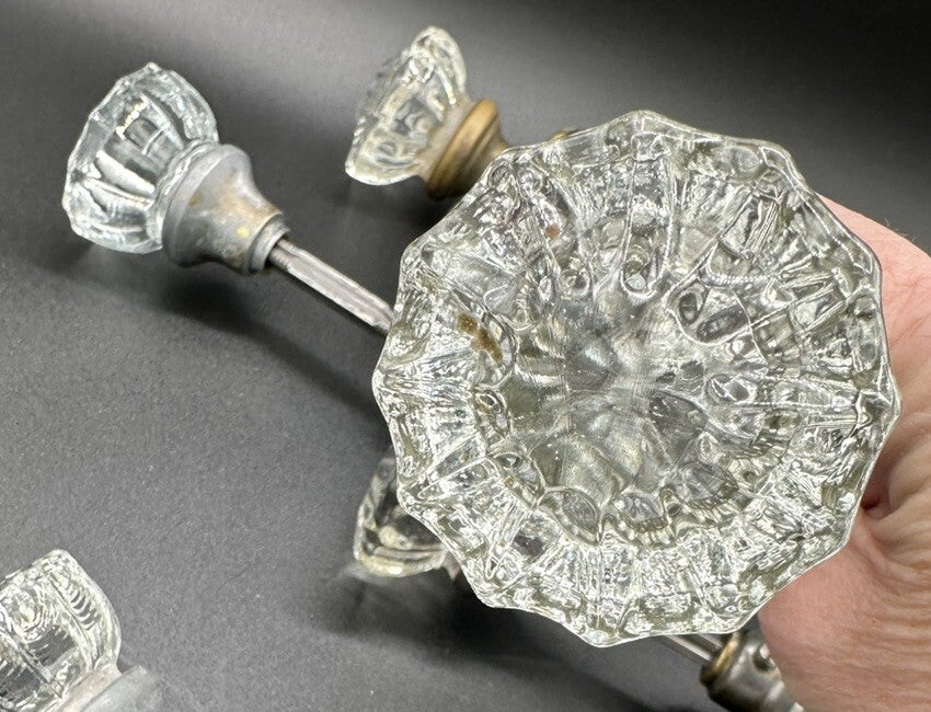 Antique Door Knobs Brass Collar & Spindles Hardware 7 Sets Glass 12 pt