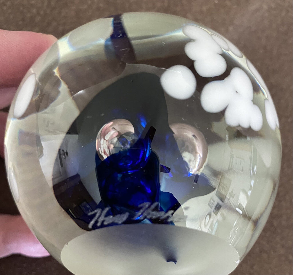 Art Glass Paperweight Cobalt Blue 3" Diam 2 5/8” Tall Signed Harv Harris Studio
