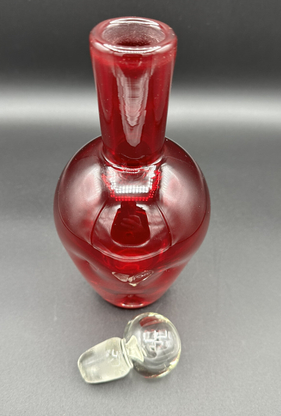 Decanter w/ Clear Round Stopper 10”BISCHOFF Glass Red Pinched Vintage