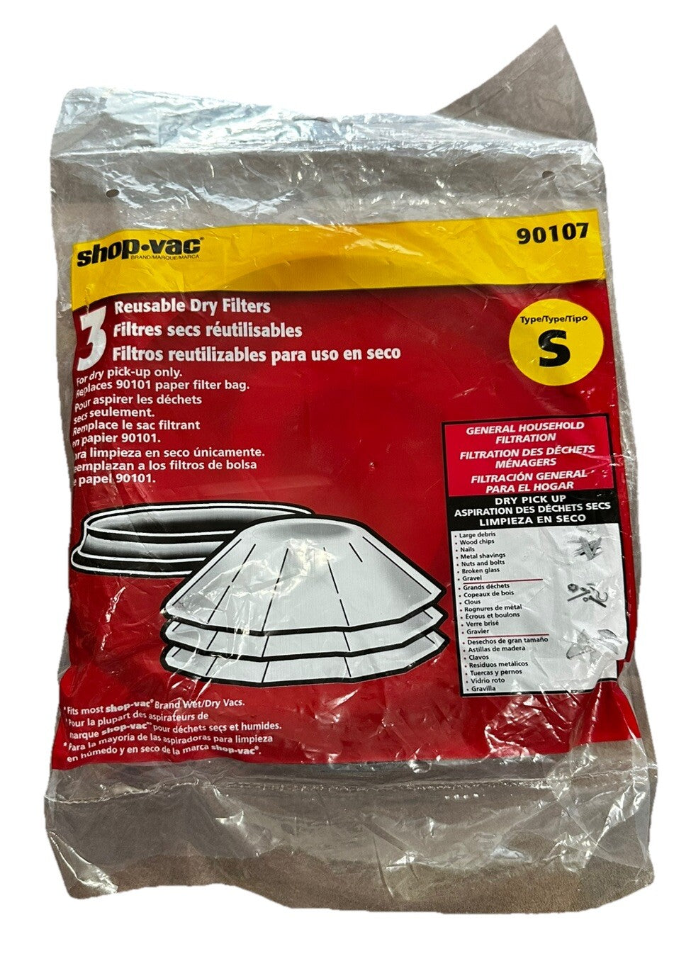 Shop Vac Genuine 901-07 90107 Reusable Dry Filter 3 Pack with Mounting Ring