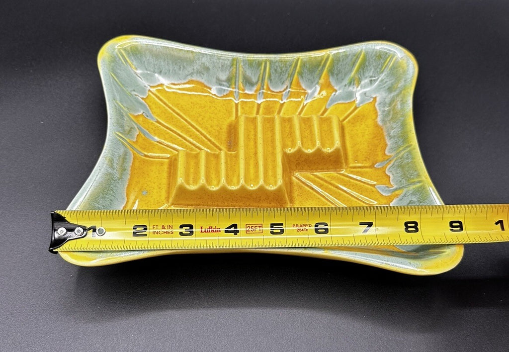 Ashtray USA Pottery 3419 Yellow Teal Green Drip Glaze 50s Vintage