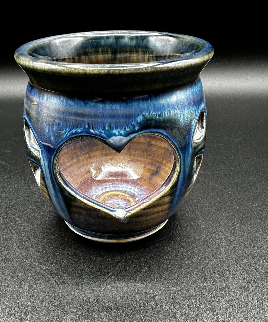Art Pottery Votive Signed Olsen Blue Purple Maroon Heart Cut Out