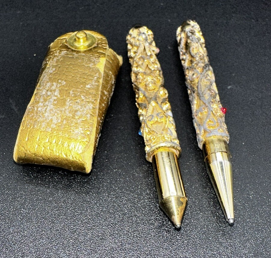 Antique Mini Pen & Pencil Set w Pouch Gold Gilt Filigree Red & Blue Rhinestone