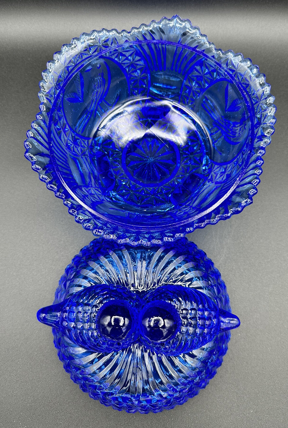 Candy Dish Hofbauer Byrdes Cobalt Blue Glass 3 Footed Large Love Birds Vintage