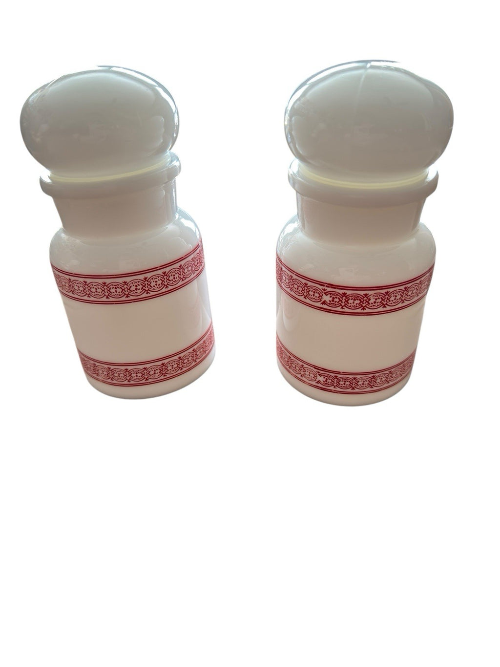 Apothecary Jar Red/White Pattern Set Of 2 Milk Glass Bubble Top Belgian Vintage