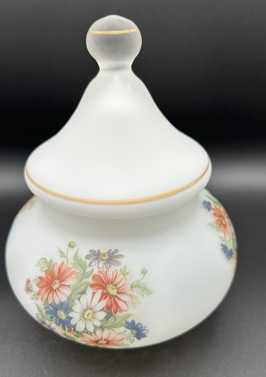 Candy Jar With Lid Flowers on frosty white Blown Heavy Glass Italy Vintage