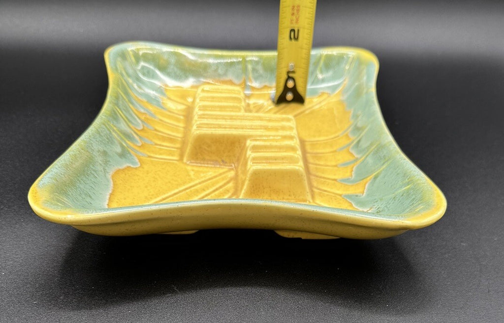 Ashtray USA Pottery 3419 Yellow Teal Green Drip Glaze 50s Vintage