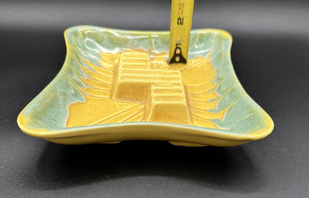 Ashtray USA Pottery 3419 Yellow Teal Green Drip Glaze 50s Vintage