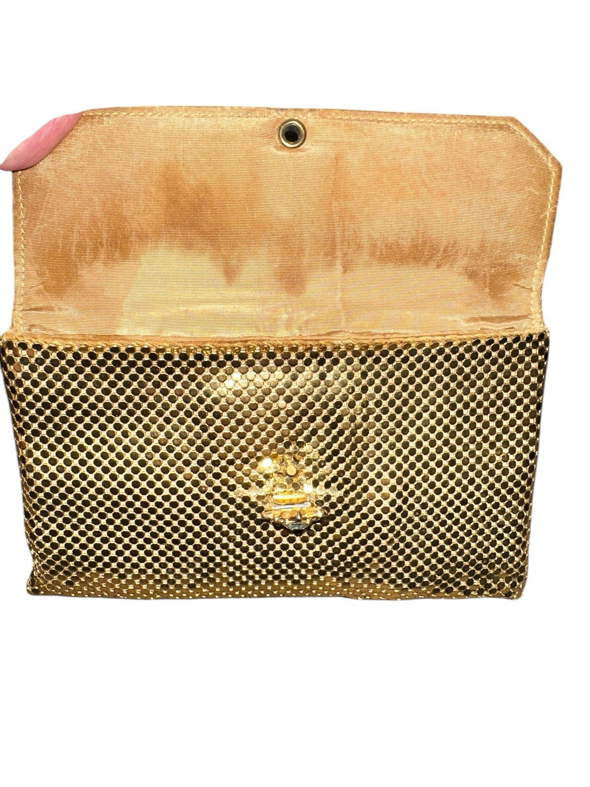 Clutch With Crystal Closure Whitting and Davis Gold Mesh Evening Vintage