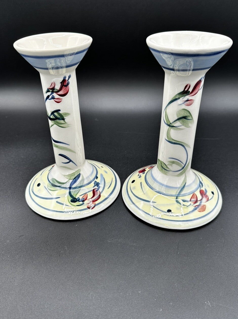 Candle Holders Signed Gail Pittman 7" Blue White Floral Narrow Neck