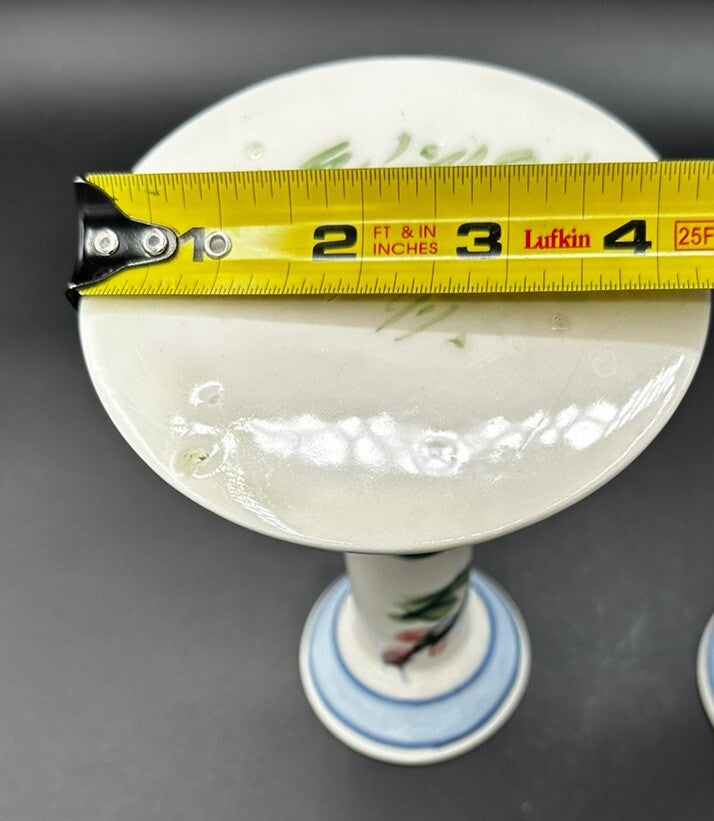 Candle Holders Signed Gail Pittman 7" Blue White Floral Narrow Neck