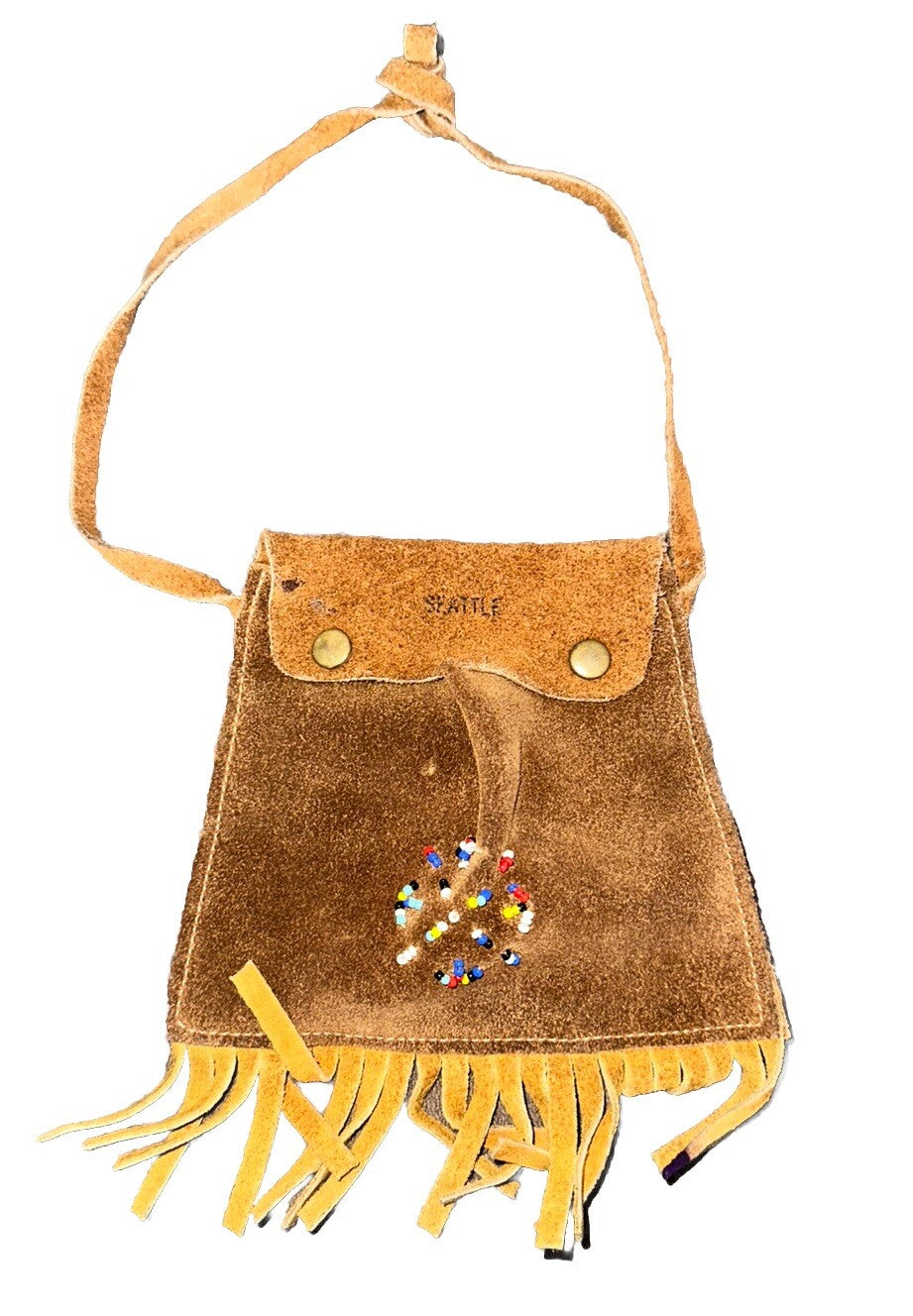 Coin Leather Pouch Purse 4.5” X 6” With Fringe 24” Thin Strap Seattle Vintage