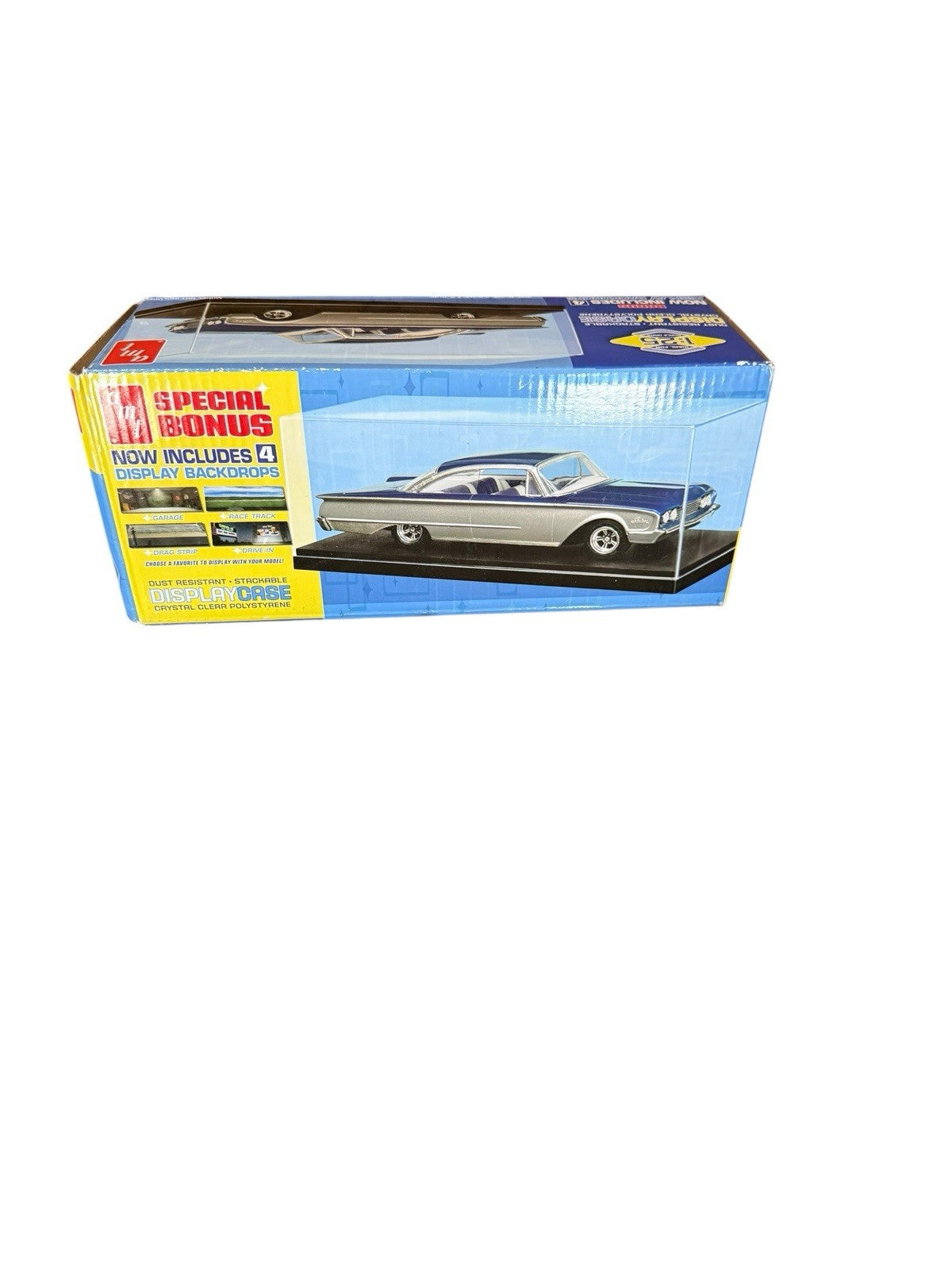 Display Case Clear Plastic Black Base 1:24 1:25 Car Model W 4 Backdrops AMT