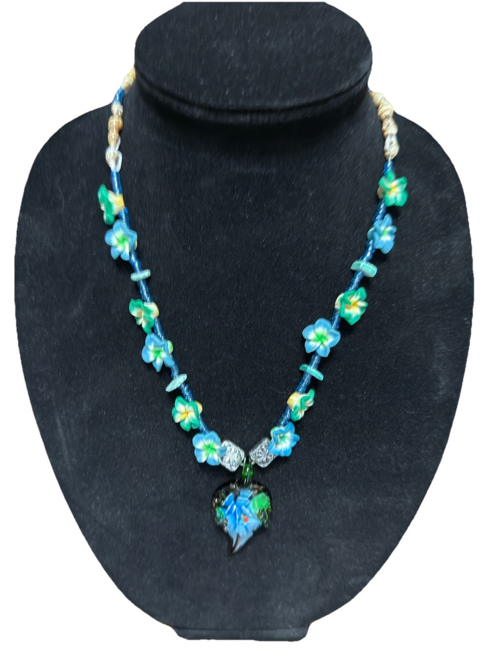 Blue Green Art Glass Pendant Beaded Floral Necklace