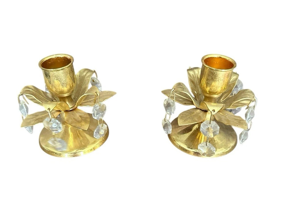 Candle Holder Candlestick With Crystals Gold Gilt Vintage