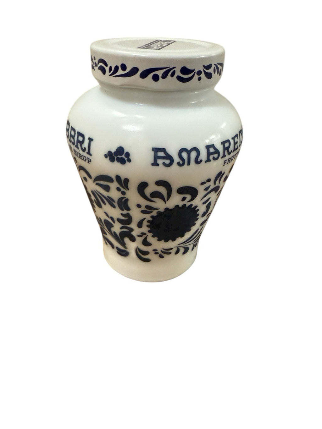 Amarena Fabbri Milk Glass Jar "Empty" Cherries Blue White Floral 5.25" H Italy