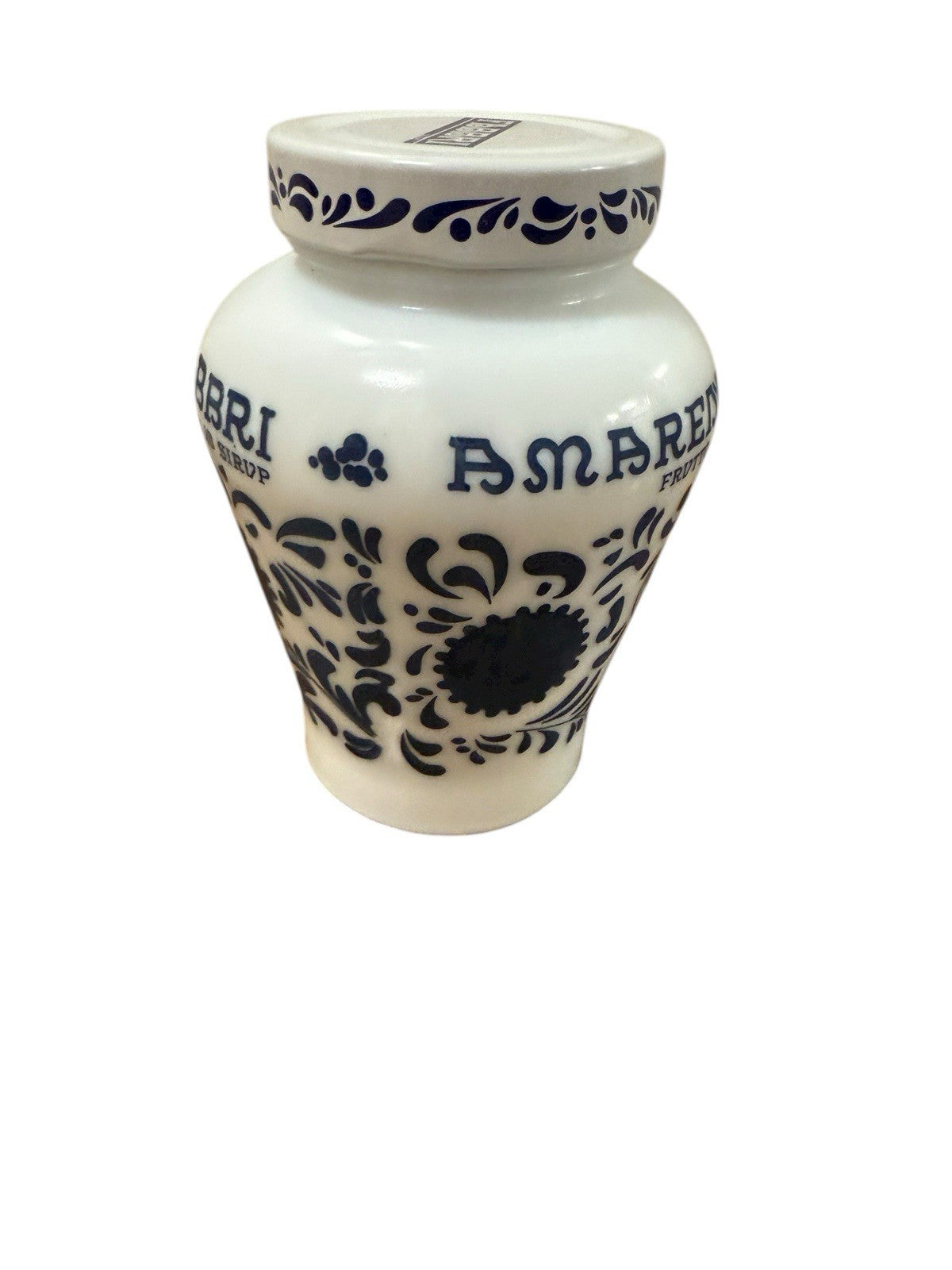 Amarena Fabbri Milk Glass Jar "Empty" Cherries Blue White Floral 5.25" H Italy