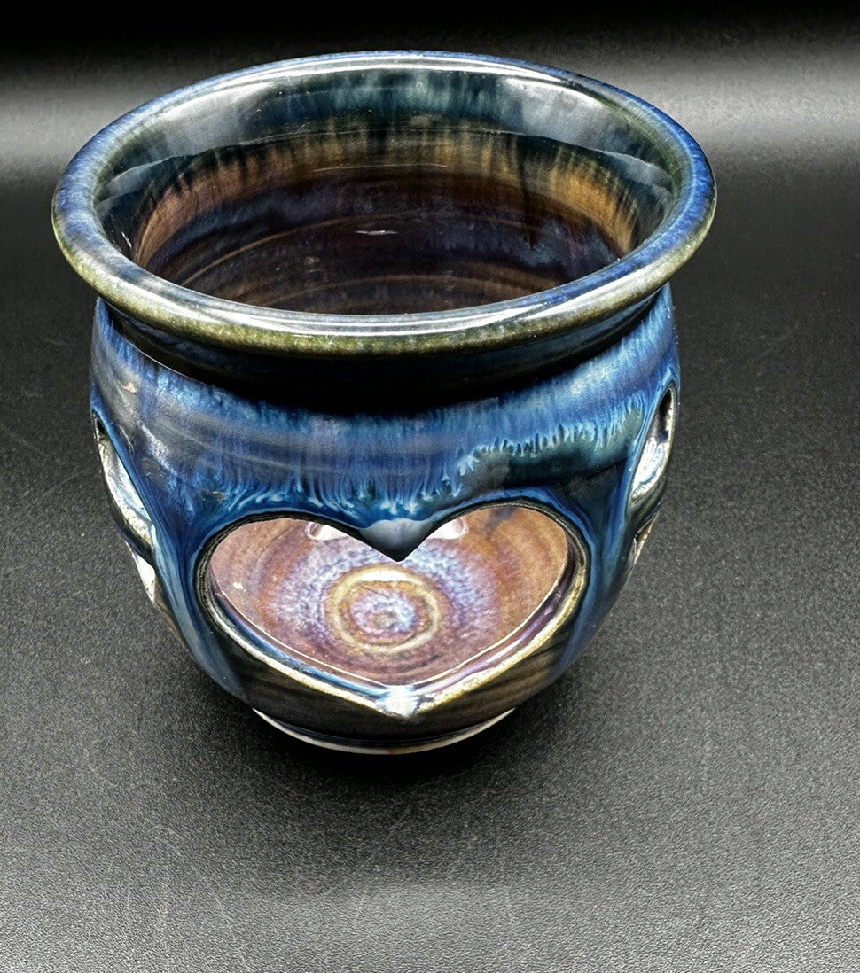 Art Pottery Votive Signed Olsen Blue Purple Maroon Heart Cut Out