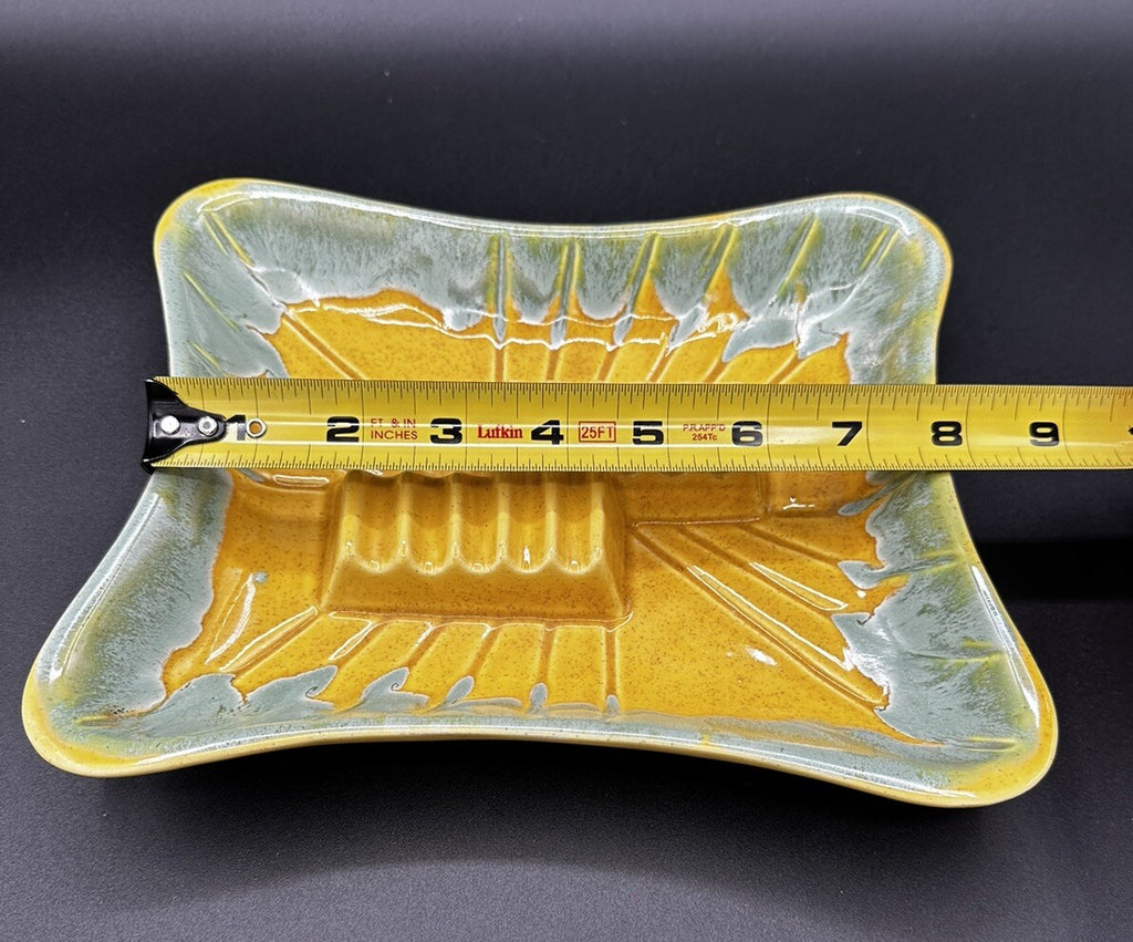 Ashtray USA Pottery 3419 Yellow Teal Green Drip Glaze 50s Vintage