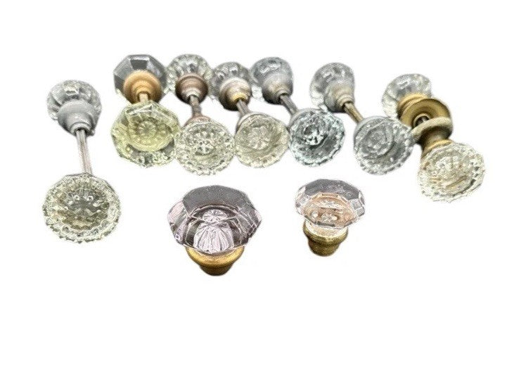 Antique Door Knobs Brass Collar & Spindles Hardware 7 Sets Glass 12 pt